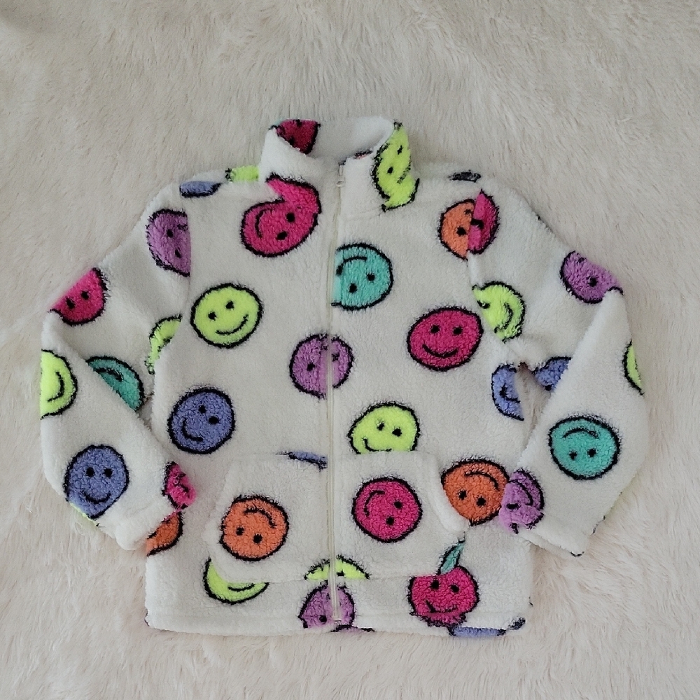 The Children's Place White Sherpa Colorful Emoji Zip Up Jacket Size 10/12